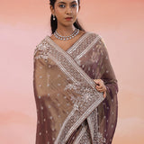 Wood Brown Georgette Tissue Saree With Sequins Work