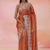 Rust Orange Organza Tissue Saree With Scallop Border