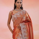 Rust Orange Organza Tissue Saree With Scallop Border