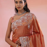 Rust Orange Organza Tissue Saree With Scallop Border