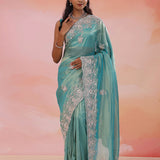 Grayish Turquoise Organza Tissue Saree With Scallop Border