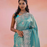Grayish Turquoise Organza Tissue Saree With Scallop Border