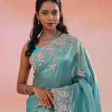 Grayish Turquoise Organza Tissue Saree With Scallop Border