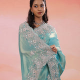 Grayish Turquoise Organza Tissue Saree With Scallop Border