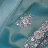 Grayish Turquoise Organza Tissue Saree With Scallop Border