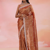 Copper Rose Pink Organza Tissue Saree With Scallop Border