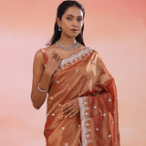 Copper Rose Pink Organza Tissue Saree With Scallop Border