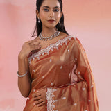 Copper Rose Pink Organza Tissue Saree With Scallop Border