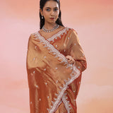 Copper Rose Pink Organza Tissue Saree With Scallop Border