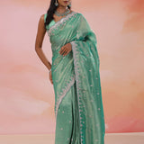 Como Greenish Cyan Organza Tissue Saree With Scallop Border