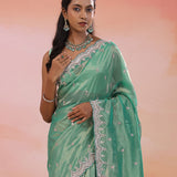Como Greenish Cyan Organza Tissue Saree With Scallop Border