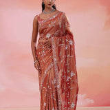 Dusty Rose Red Organza Tissue Saree With Fancy Border