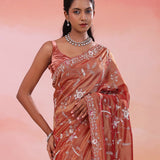Dusty Rose Red Organza Tissue Saree With Fancy Border