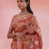 Dusty Rose Red Organza Tissue Saree With Fancy Border