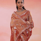 Dusty Rose Red Organza Tissue Saree With Fancy Border