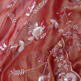Dusty Rose Red Organza Tissue Saree With Fancy Border