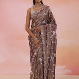 Opium Pinkish Red Organza Tissue Saree With Scallop Border