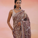 Opium Pinkish Red Organza Tissue Saree With Scallop Border