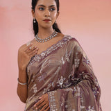 Opium Pinkish Red Organza Tissue Saree With Scallop Border