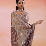 Opium Pinkish Red Organza Tissue Saree With Scallop Border