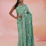 Viridian Green Organza Tissue Saree With Scallop Border