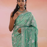 Viridian Green Organza Tissue Saree With Scallop Border