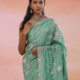 Viridian Green Organza Tissue Saree With Scallop Border