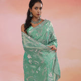 Viridian Green Organza Tissue Saree With Scallop Border