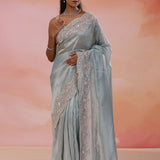 Slate Gray Organza Tissue Saree With Scallop Border