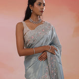 Slate Gray Organza Tissue Saree With Scallop Border