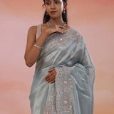 Slate Gray Organza Tissue Saree With Scallop Border