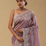 Purple Heart Tissue Saree With Scallop Border