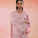 Pastel Rose Organza Tissue Saree With Scallop Border