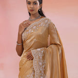 Fawn Organza Tissue Saree With Scallop Border