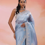 Dark Pastel Blue Organza Tissue Saree With Scallop Border