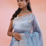 Dark Pastel Blue Organza Tissue Saree With Scallop Border