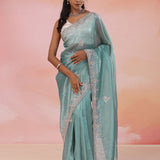 Regent Blue Organza Tissue Saree With Scallop Border