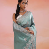 Regent Blue Organza Tissue Saree With Scallop Border