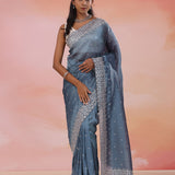 Gray Blue Organza Tissue Saree With Scallop Border