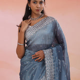 Gray Blue Organza Tissue Saree With Scallop Border
