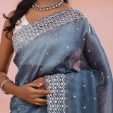 Gray Blue Organza Tissue Saree With Scallop Border