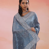Gray Blue Organza Tissue Saree With Scallop Border