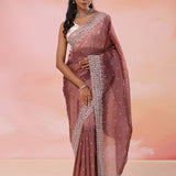 Raspberry Glace Pink Organza Tissue Saree With Scallop Border