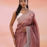 Raspberry Glace Pink Organza Tissue Saree With Scallop Border