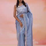Waikara Gray Organza Tissue Saree With Scallop Border