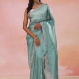 Beetle Green Organza Tissue Saree With Fancy Border