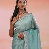 Beetle Green Organza Tissue Saree With Fancy Border