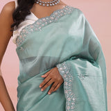 Beetle Green Organza Tissue Saree With Fancy Border