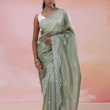 Antique Jade Organza Tissue Saree With Fancy Border
