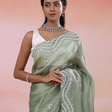 Antique Jade Organza Tissue Saree With Fancy Border
